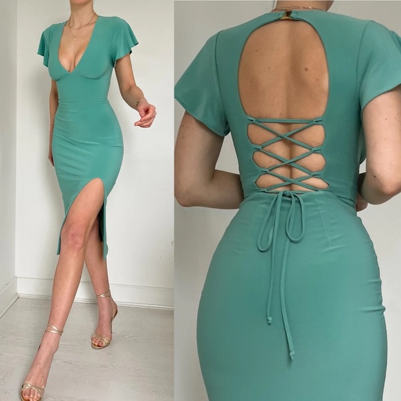 AYM Hyde Midi Dress Deep Sage Green Lace zip Back Flutter Sleeve Womens Size L - Picture 1 of 12